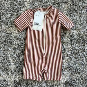 H&M One Piece Stripe Swimsuit 3-6 Months Baby Boy Rash Guard Brown White